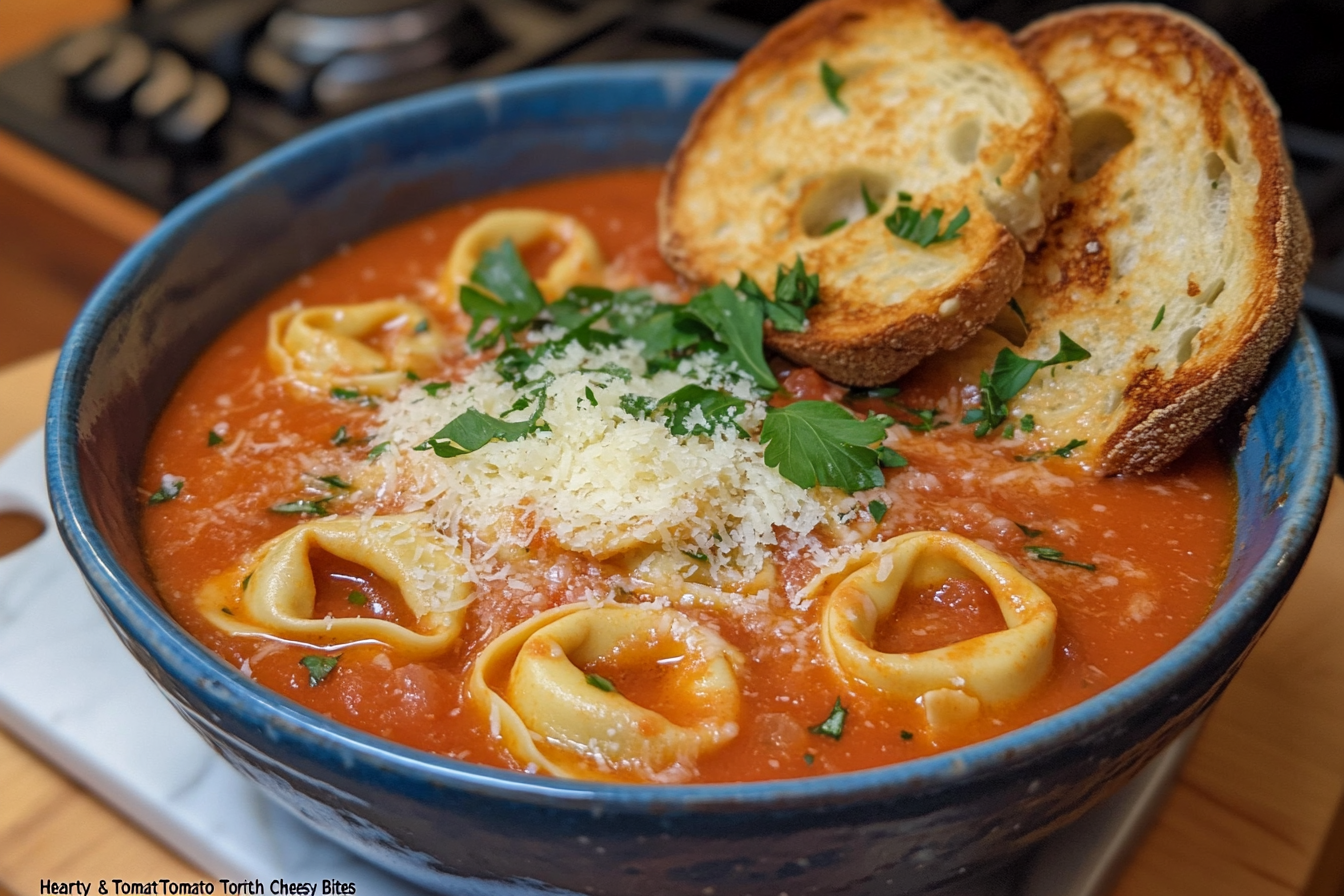 Hearty & Creamy Tomato Tortellini Soup with Cheesy Toast Bites