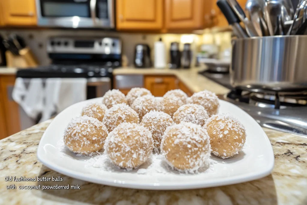 Old fashioned peanut butter balls with coconut powdered milk