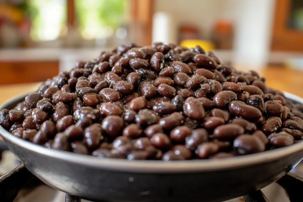 Bowl of black beans labeled gluten-free with fresh herbs and wooden background